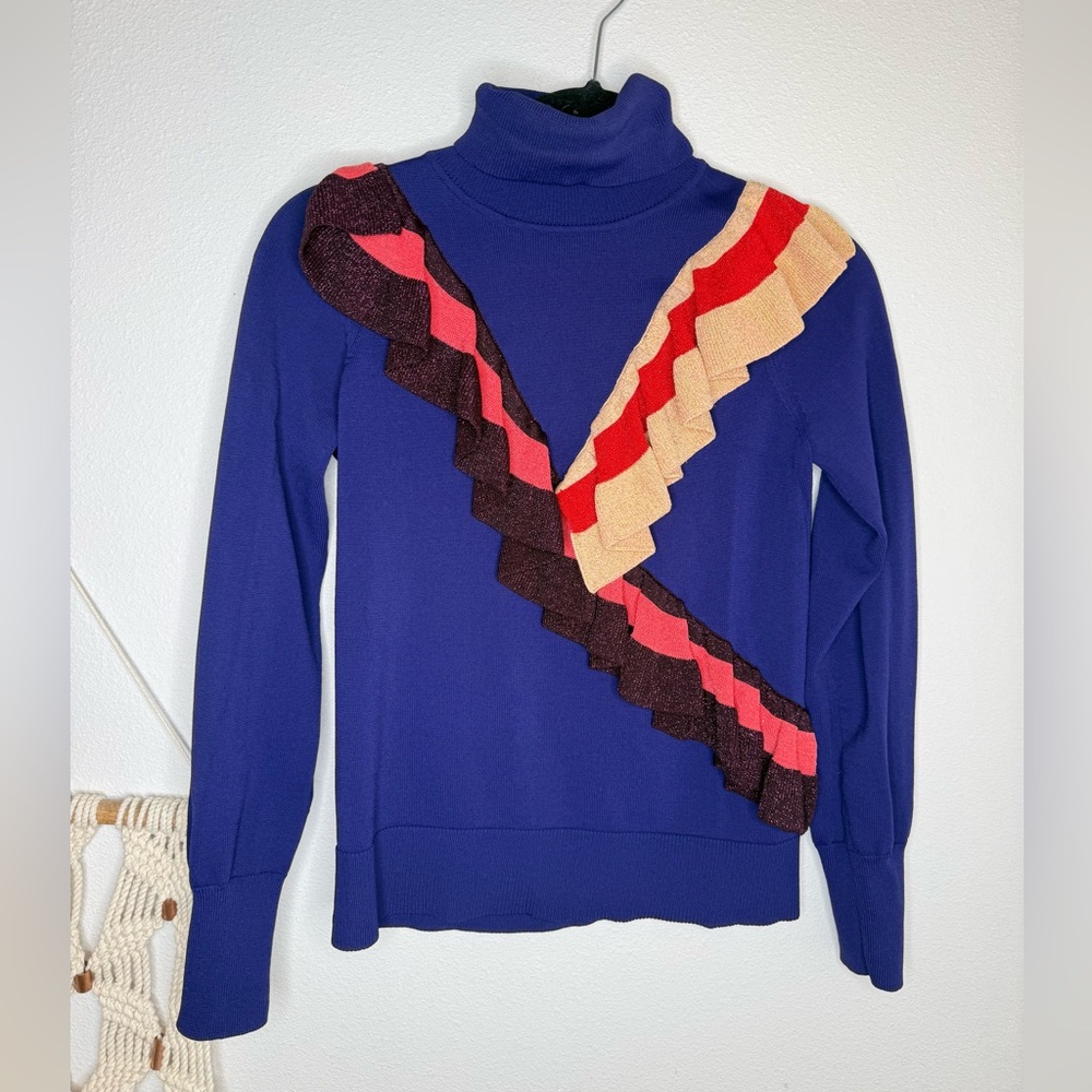 Asos Royal Blue Knit Mockneck Ruffle Colorful Design Varsity style knit sweater